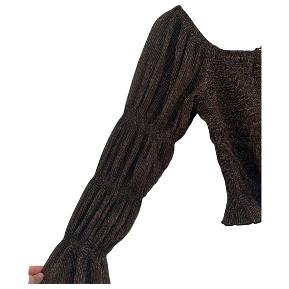 Anthropologie Brown Blouse with Puff Sleeves and Smocked Fit Size Small Sparkle - Picture 2 of 6